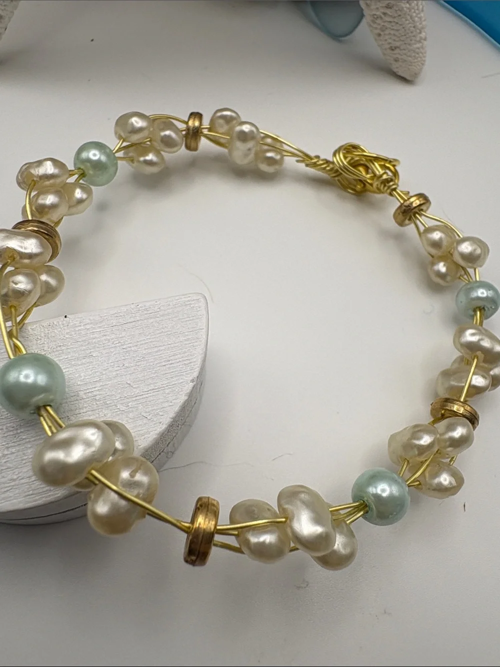 Gold Pearl and Seafoam Bead Wire Bracelet